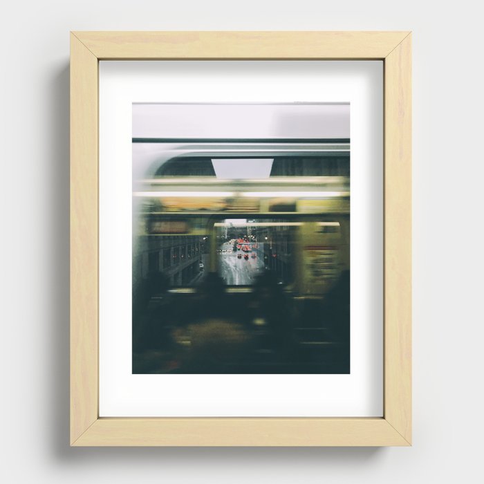 Trains passing in downtown Chicago Recessed Framed Print