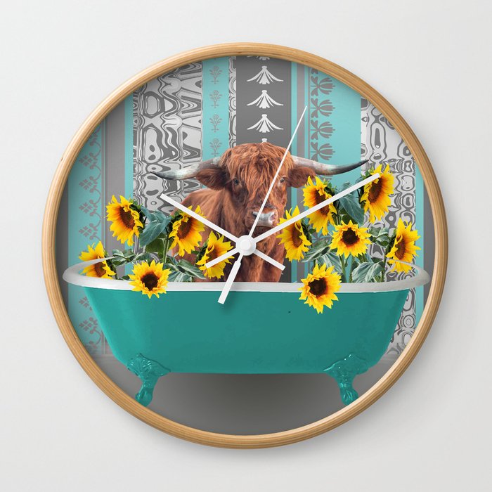 bathtub with Highland cow and sunflowers Wall Clock