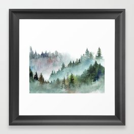 Watercolor Pine Forest Mountains in the Fog Framed Art Print