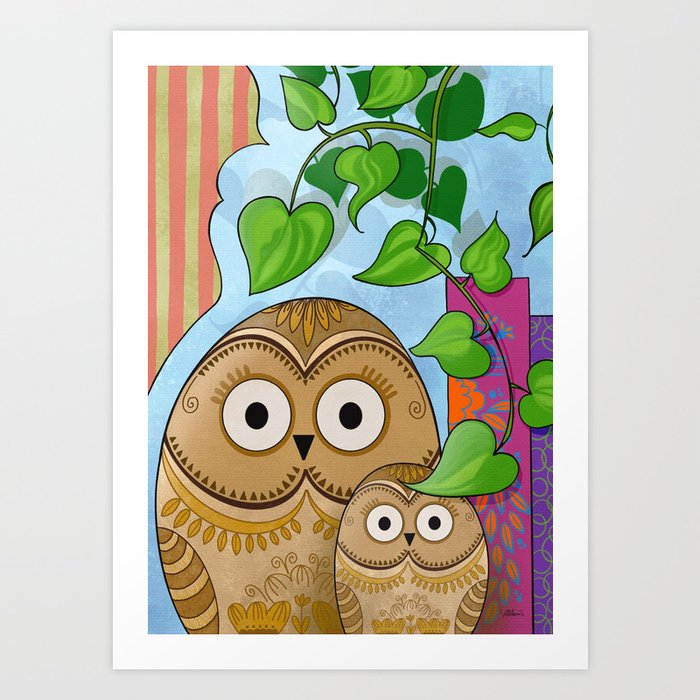 TWO OWLS IN THE LIBRARY by Lisette Artwork Art Print