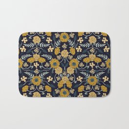 Navy Blue, Turquoise, Cream & Mustard Yellow Dark Floral Pattern Bath Mat