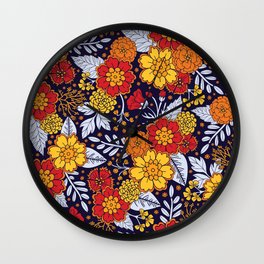 Red, Yellow, Orange & Navy Blue Flowers/Floral Pattern Wall Clock
