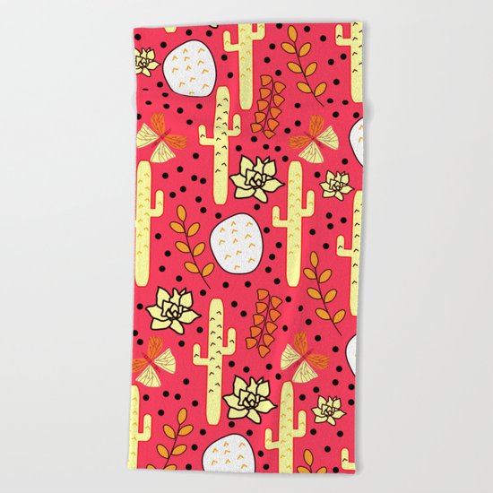Cacti and butterflies in pink Beach Towel