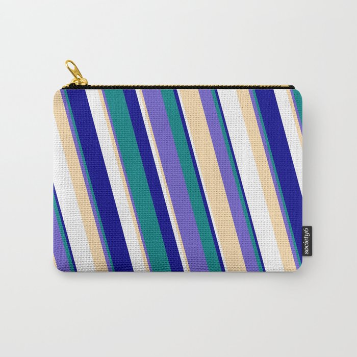 Eyecatching Teal, Slate Blue, Tan, White, and Dark Blue Colored Stripes Pattern Carry-All Pouch