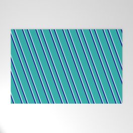 [ Thumbnail: Light Sea Green, Turquoise, and Dark Blue Colored Stripes/Lines Pattern Welcome Mat ]
