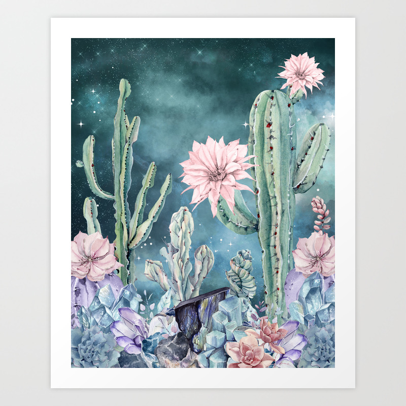 Desert Cactus Succulents Gemstones On Teal Night Sky Art Print