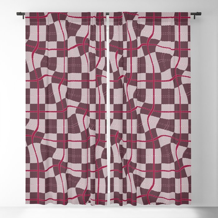 Wine Red Warped Checkerboard Grid Illustration Blackout Curtain