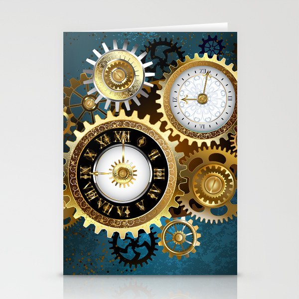 Two Steampunk Clocks with Gears Stationery Cards