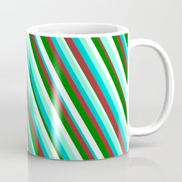 [ Thumbnail: Eyecatching Aquamarine, Dark Turquoise, Brown, Green, and Mint Cream Colored Pattern of Stripes Coffee Mug ]
