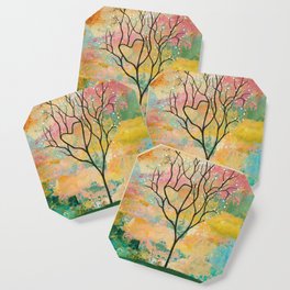 Pastel Abstract Landscape with Tree and Heart Coaster