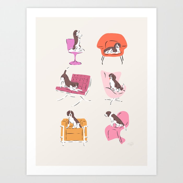 Midcentury Modern Beagle Dogs in Chairs Art Print