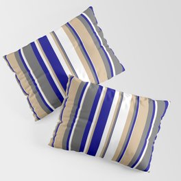 [ Thumbnail: Tan, Dim Grey, Dark Blue & White Colored Striped/Lined Pattern Pillow Sham ]