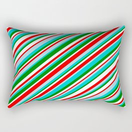 [ Thumbnail: Vibrant Red, Light Blue, Dark Turquoise, Green & White Colored Striped Pattern Rectangular Pillow ]