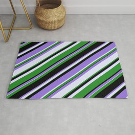 [ Thumbnail: Purple, Lavender, Forest Green & Black Colored Stripes Pattern Rug ]