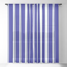 [ Thumbnail: Mint Cream and Dark Blue Colored Striped/Lined Pattern Sheer Curtain ]