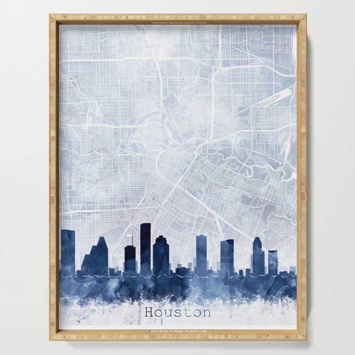 Houston Skyline & Map Watercolor Navy Blue, Print by Zouzounio Art Serving Tray