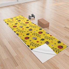 Ladybug and Floral Seamless Pattern on Yellow Background Yoga Towel