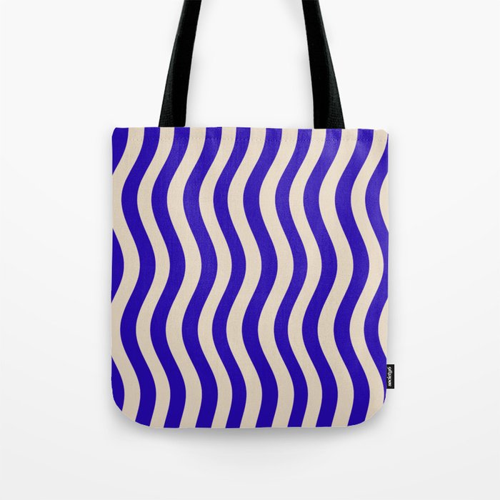 Wobbly Pop Stripes Pattern in Cobalt Blue and Beige Tote Bag