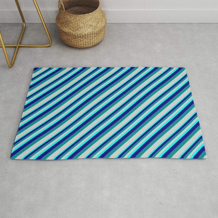 Aqua, Blue, Dark Cyan, and Light Gray Colored Lined/Striped Pattern Rug