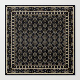 Black and gold abstract graphic pattern. Geometric ornament with frame, border. Line art, lace, embroidery background. Bandanna, shawl, scarf, tablecloth design Canvas Print