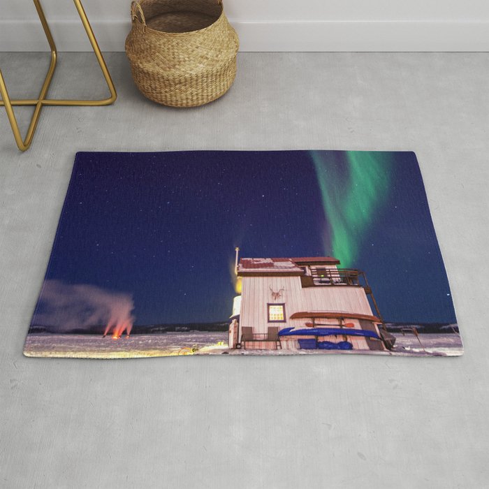 Northern Lights and house boat in Yellowknife Rug