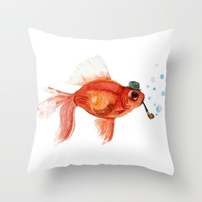 Goldfish with pipe and hat Throw Pillow