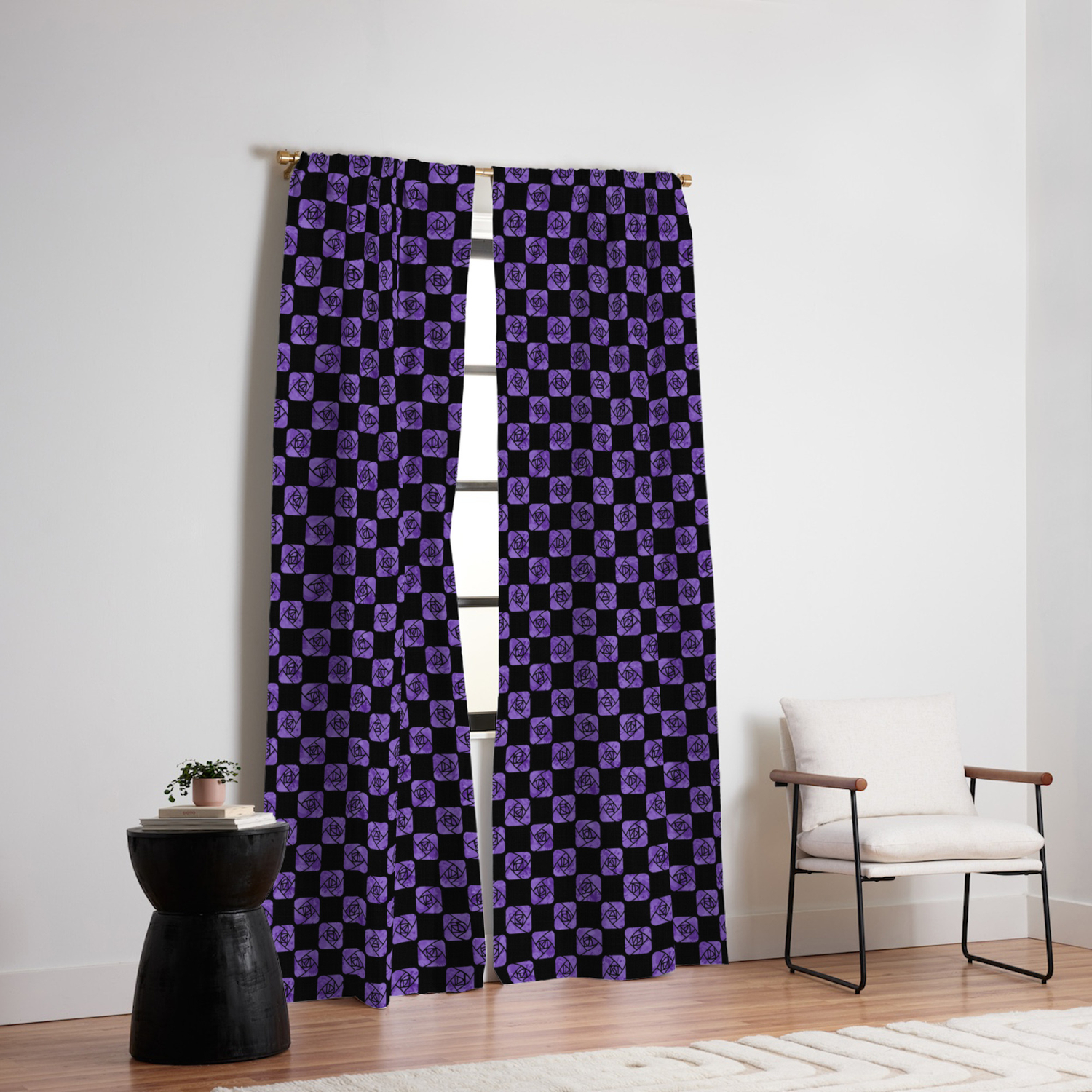 Craftsmen Square Roses Check Pattern Purple Blackout Curtain By