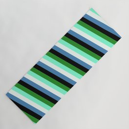 [ Thumbnail: Colorful Forest Green, Aquamarine, Mint Cream, Blue & Black Colored Stripes Pattern Yoga Mat ]
