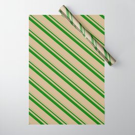 [ Thumbnail: Green & Tan Colored Pattern of Stripes Wrapping Paper ]