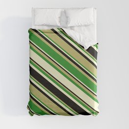 [ Thumbnail: Dark Khaki, Forest Green, Light Yellow, and Black Colored Pattern of Stripes Duvet Cover ]