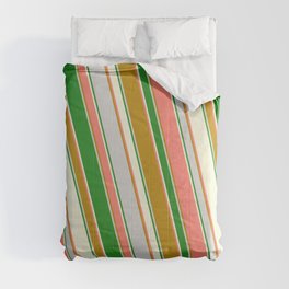 [ Thumbnail: Salmon, Dark Goldenrod, Light Grey, Forest Green, and Beige Colored Striped/Lined Pattern Comforter ]