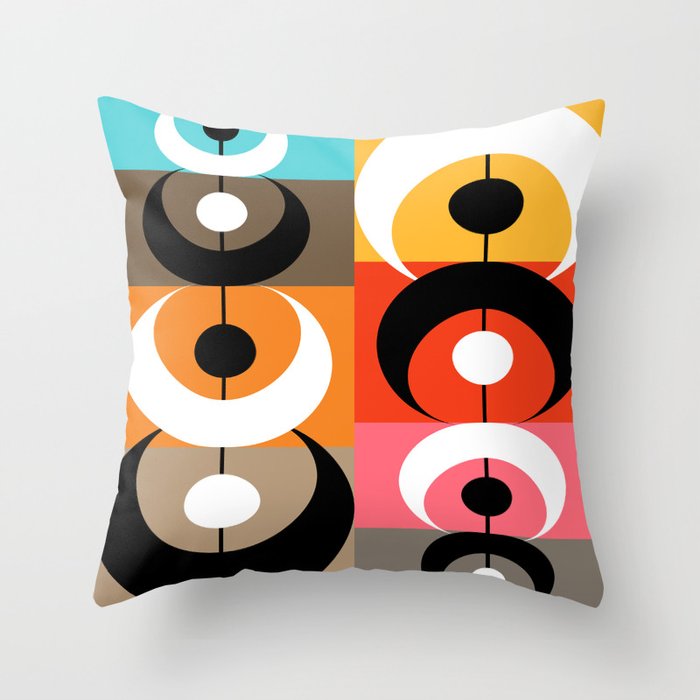 Colorful Mid Century Modern Hoops, Ovals, Rectangles // Yellow Orange, Red, Turquoise, Khaki Brown, Coral Pink Throw Pillow