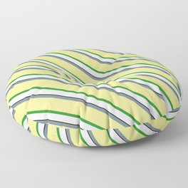 [ Thumbnail: Eye-catching Slate Gray, Tan, Forest Green, White, and Black Colored Lined Pattern Floor Pillow ]