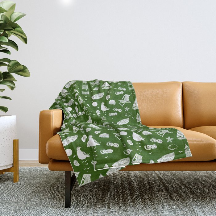 Green And White Summer Beach Elements Pattern Throw Blanket
