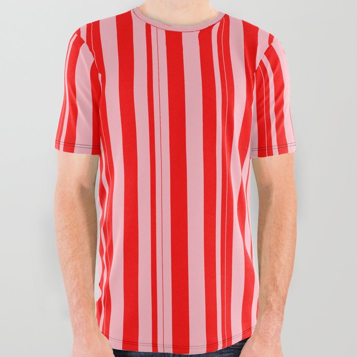 Light Pink & Red Colored Lines Pattern All Over Graphic Tee
