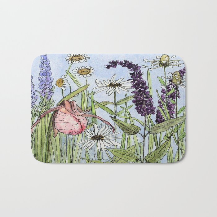 Lady Slipper Orchid Woodland Wildflower Watercolor Bath Mat By