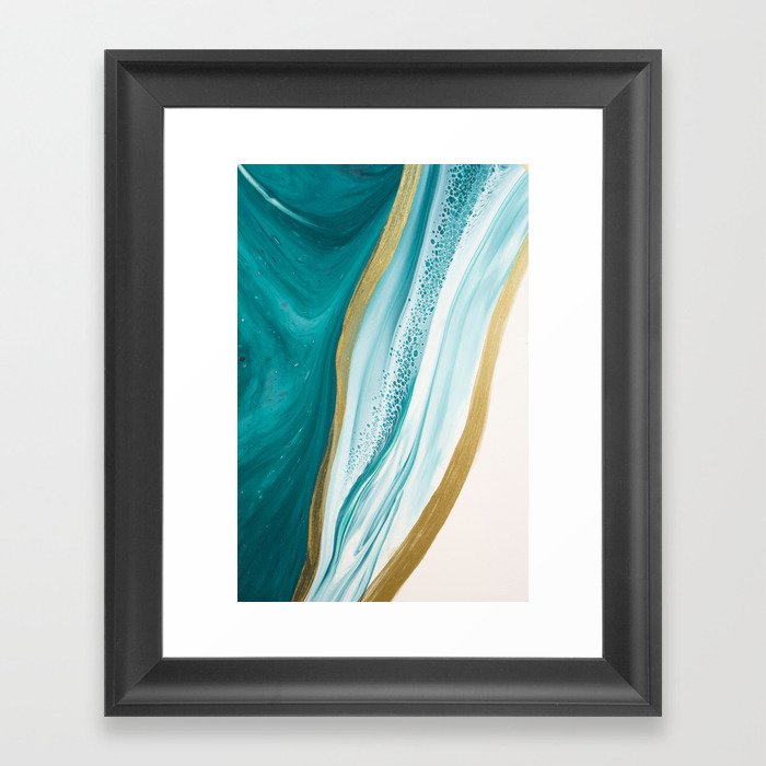 Aquamarine + Gold + Cream Shoreline Abstract Artwork Framed Art Print
