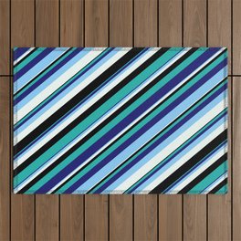 [ Thumbnail: Colorful Light Sea Green, Midnight Blue, Light Sky Blue, Mint Cream & Black Colored Stripes Pattern Outdoor Rug ]