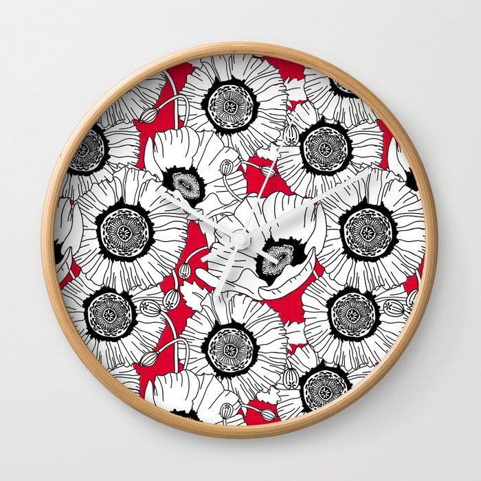 Black and White Poppies in a Red Vase Wall Clock