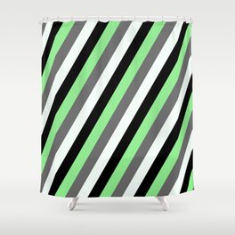 [ Thumbnail: Light Green, Dim Grey, Mint Cream, and Black Colored Striped Pattern Shower Curtain ]