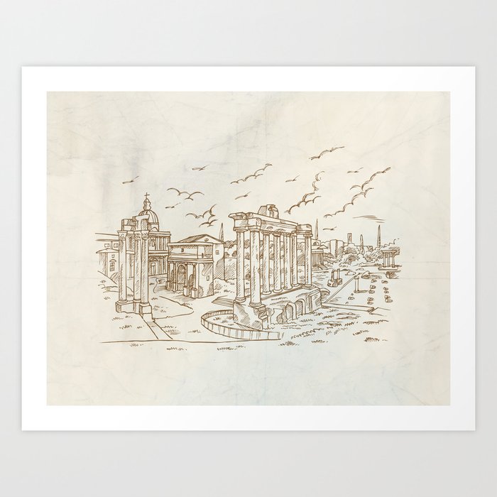 temples in Foro Romano, Rome, Italy hand draw Art Print