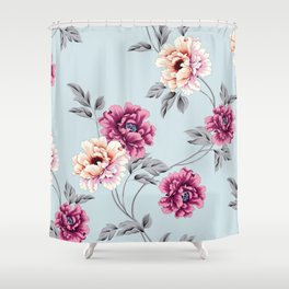 violet and yellow flowers with leaves pattern on blue background Shower Curtain