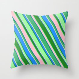 [ Thumbnail: Eye-catching Forest Green, Sea Green, Green, Pink & Blue Colored Lined/Striped Pattern Throw Pillow ]