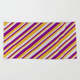 [ Thumbnail: Light Gray, Purple & Goldenrod Colored Lines Pattern Beach Towel ]