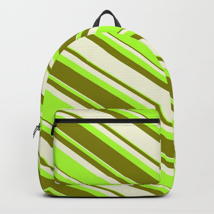 Beige, Light Green & Green Colored Striped/Lined Pattern Backpack