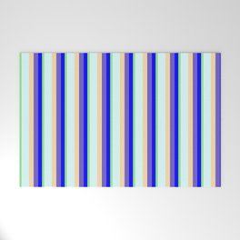 [ Thumbnail: Eye-catching Light Green, Blue, Slate Blue, Tan & Light Cyan Colored Striped/Lined Pattern Welcome Mat ]
