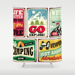 Hiking and camping retro signs collection. Outdoor activities vintage posters set. Wilderness and adventures illustration.  Shower Curtain
