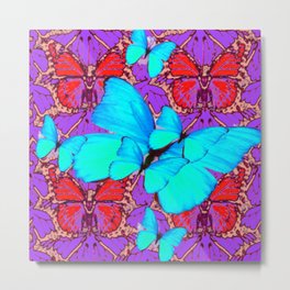 BLUE NEON BUTTERFLIES ON ABSTREACT RED-PURPLE PATTERNS Metal Print | Graphicdesign, Abstract, Ink Pen, Butterflies, Butterflymugs, Pattern, Colored Pencil, Butterflycurtains, Digital, Ink 