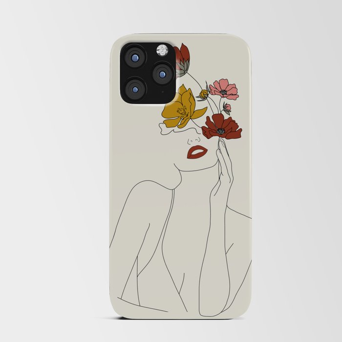 Colorful Thoughts Minimal Line Art Woman with Flowers iPhone Card Case
