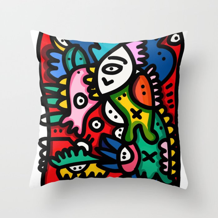 Red Graff Street Art Creatures Throw Pillow